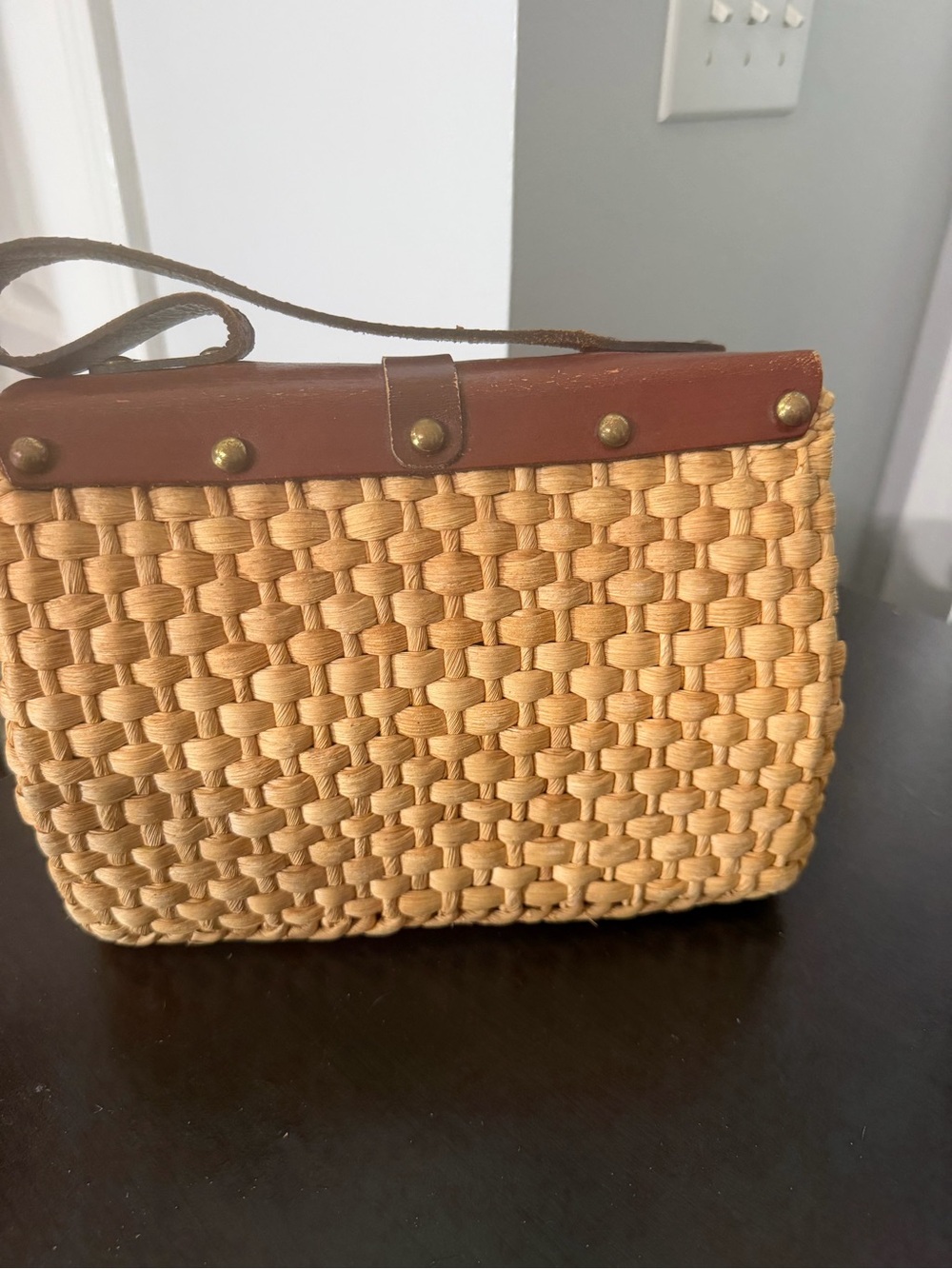 VINTAGE 60s/70s ettiene aigner woven Straw bag with Brown Leather Trim - Picture 4 of 8